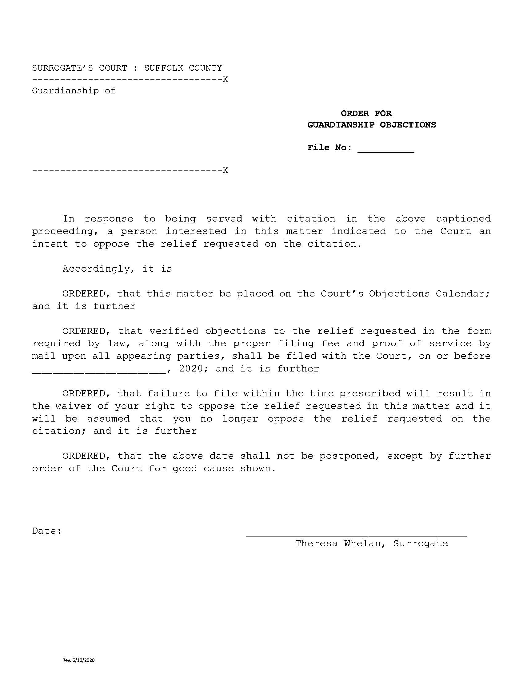 Order For Guardianship Objections (Suffolk - Judge Whelan) | Pdf Fpdf Docx | New York
