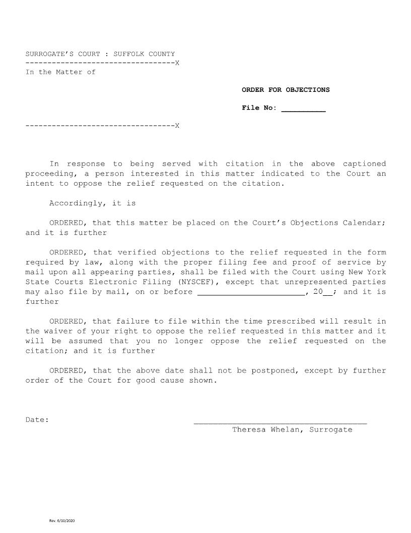 Order For Objections (Suffolk - Judge Whelan) | Pdf Fpdf Docx | New York