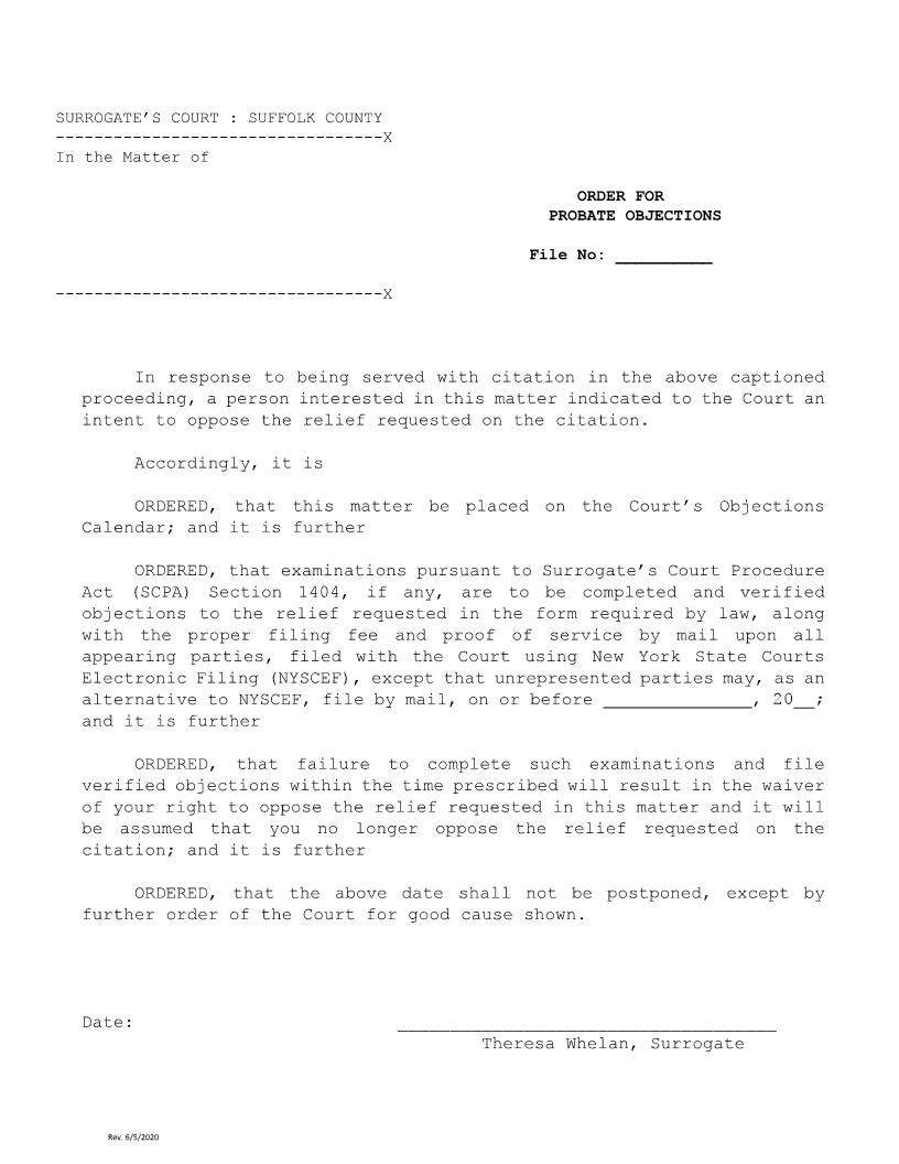 Order For Probate Objections (Suffolk - Judge Whelan) | Pdf Fpdf Docx | New York