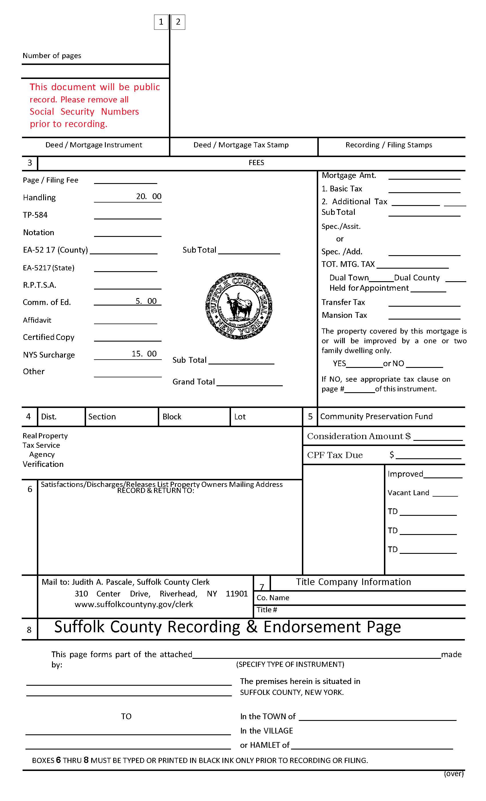 Suffolk County Recording And Endorsement Page | Pdf Fpdf Docx | New York