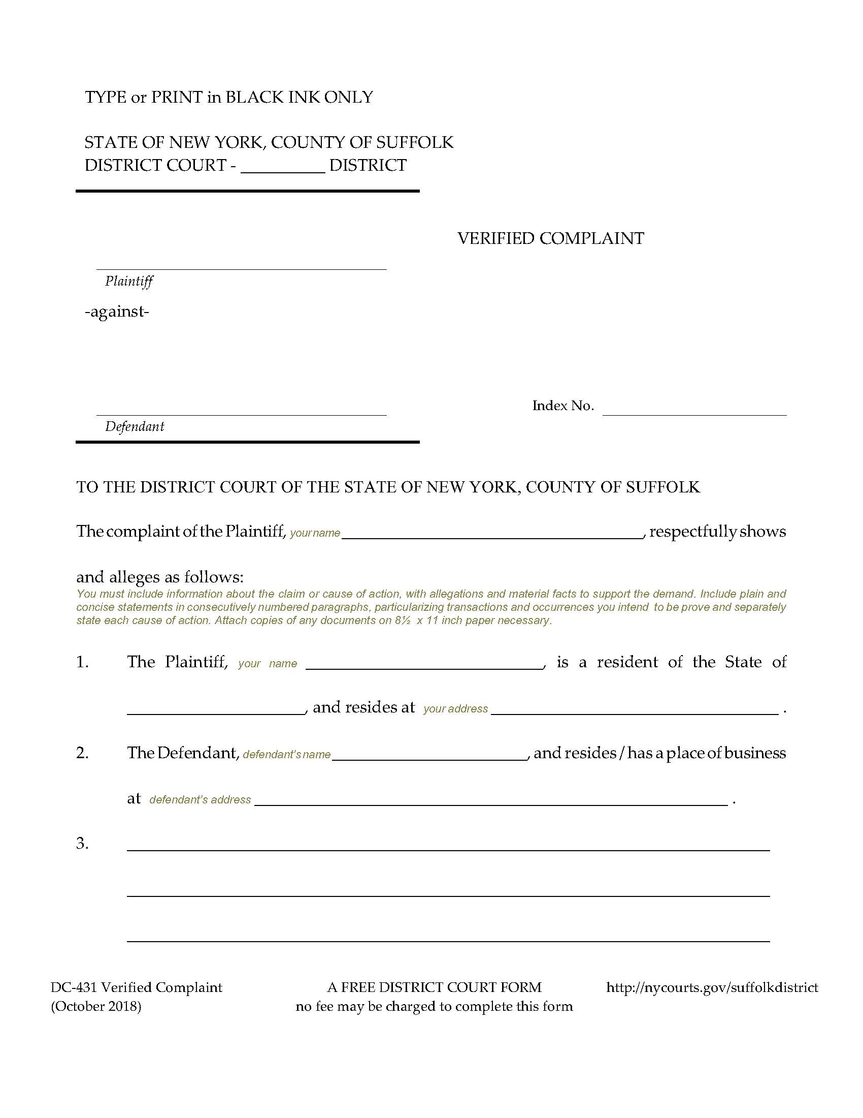 Verified Complaint {DC-431} | Pdf Fpdf Docx | New York
