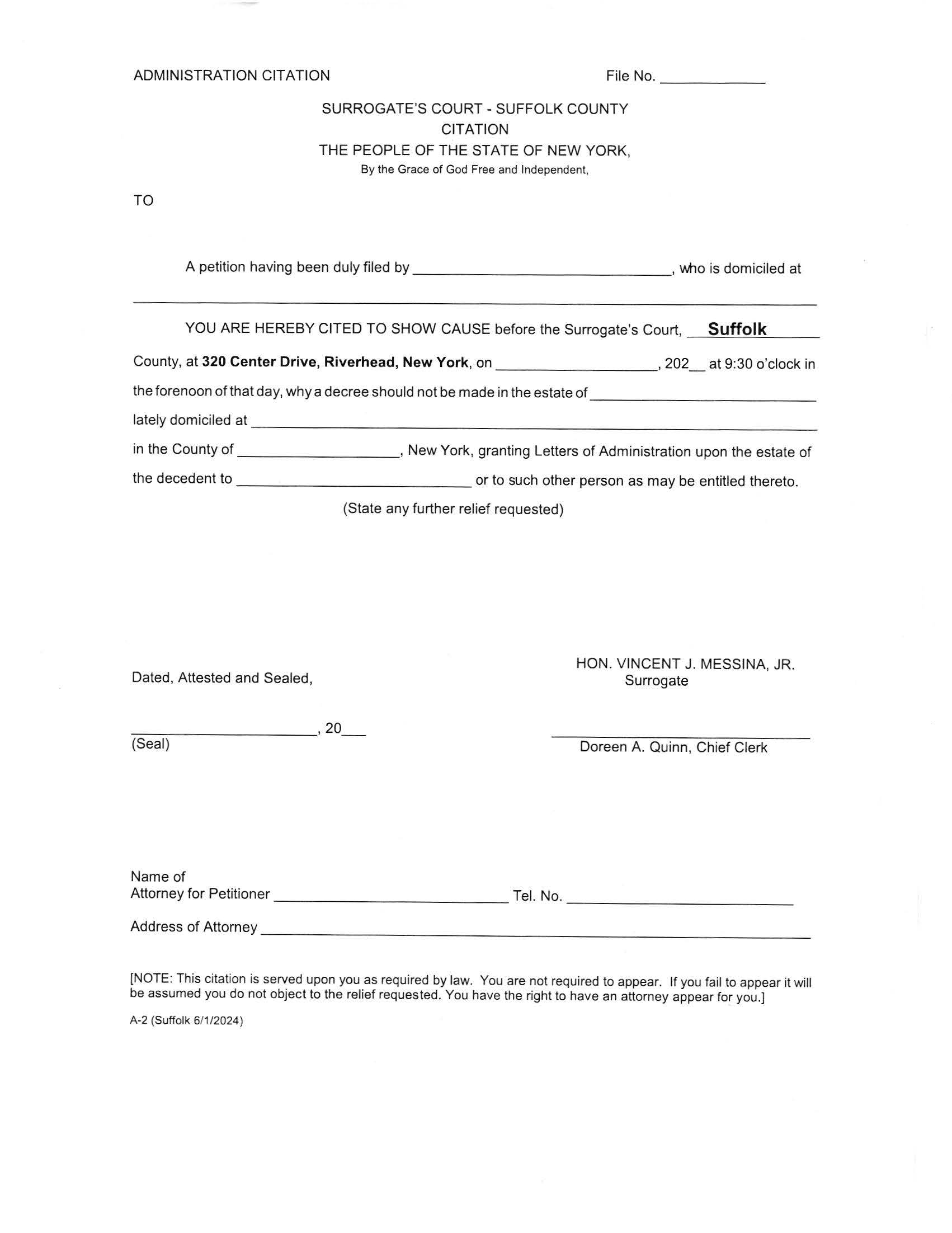 Administration Citation (Suffolk) {A-2} | Pdf Fpdf Docx | New York