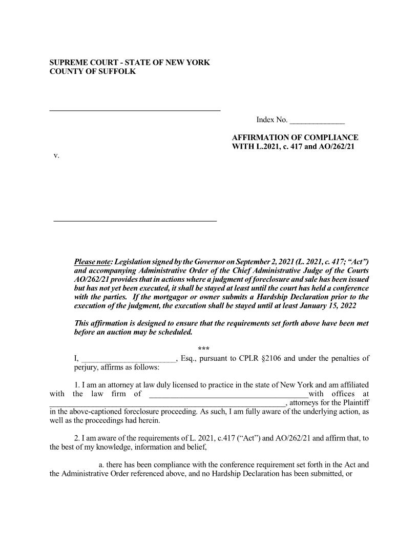 Affirmation Of Compliance With L2021 C417 And AO-262-21 | Pdf Fpdf Docx | New York