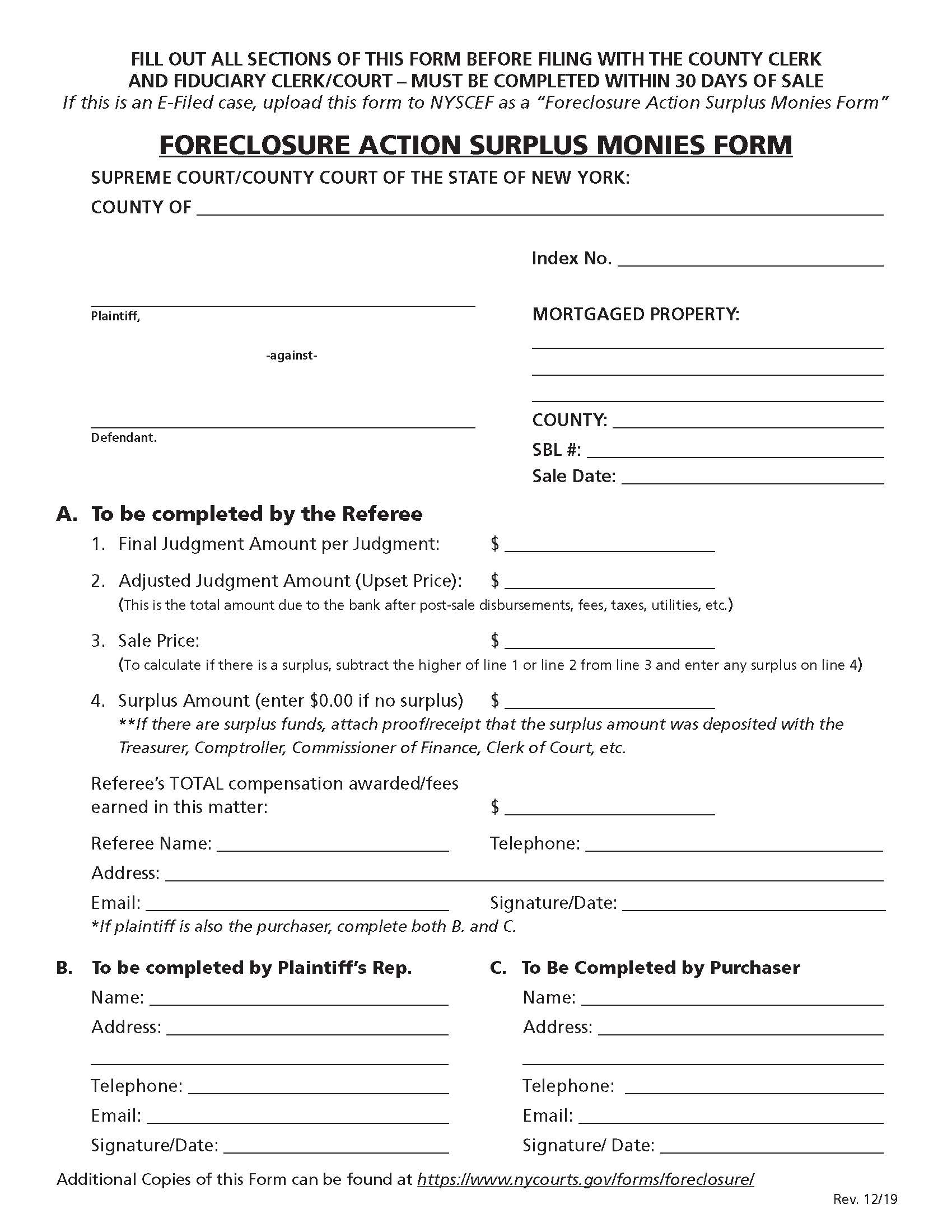 Foreclosure Action Surplus Monies Form | Pdf Fpdf Docx | New York