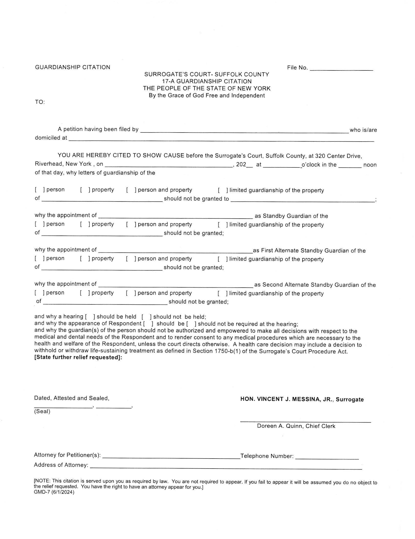 Guardianship Citation (Suffolk) {GMD-7} | Pdf Fpdf Docx | New York
