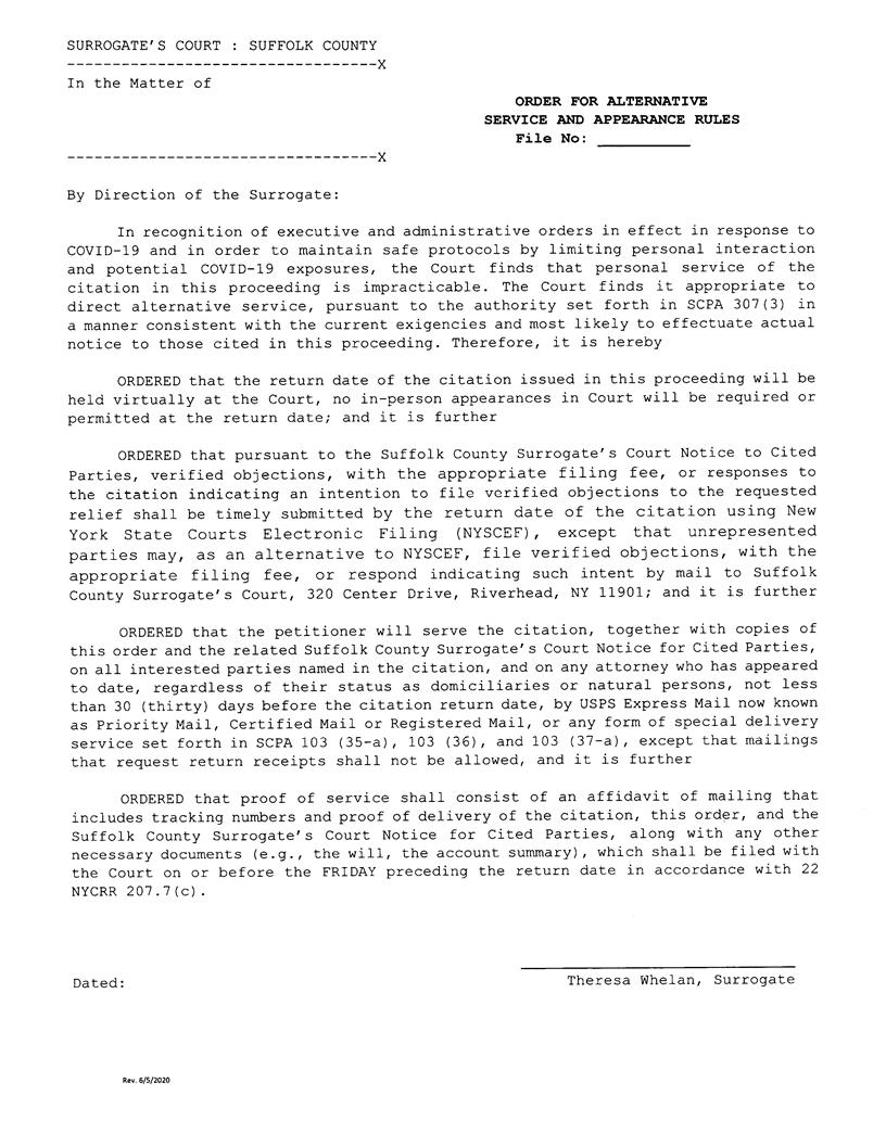 Order For Alternative Service And Appearance Rules (Judge Whelan) | Pdf Fpdf Docx | New York