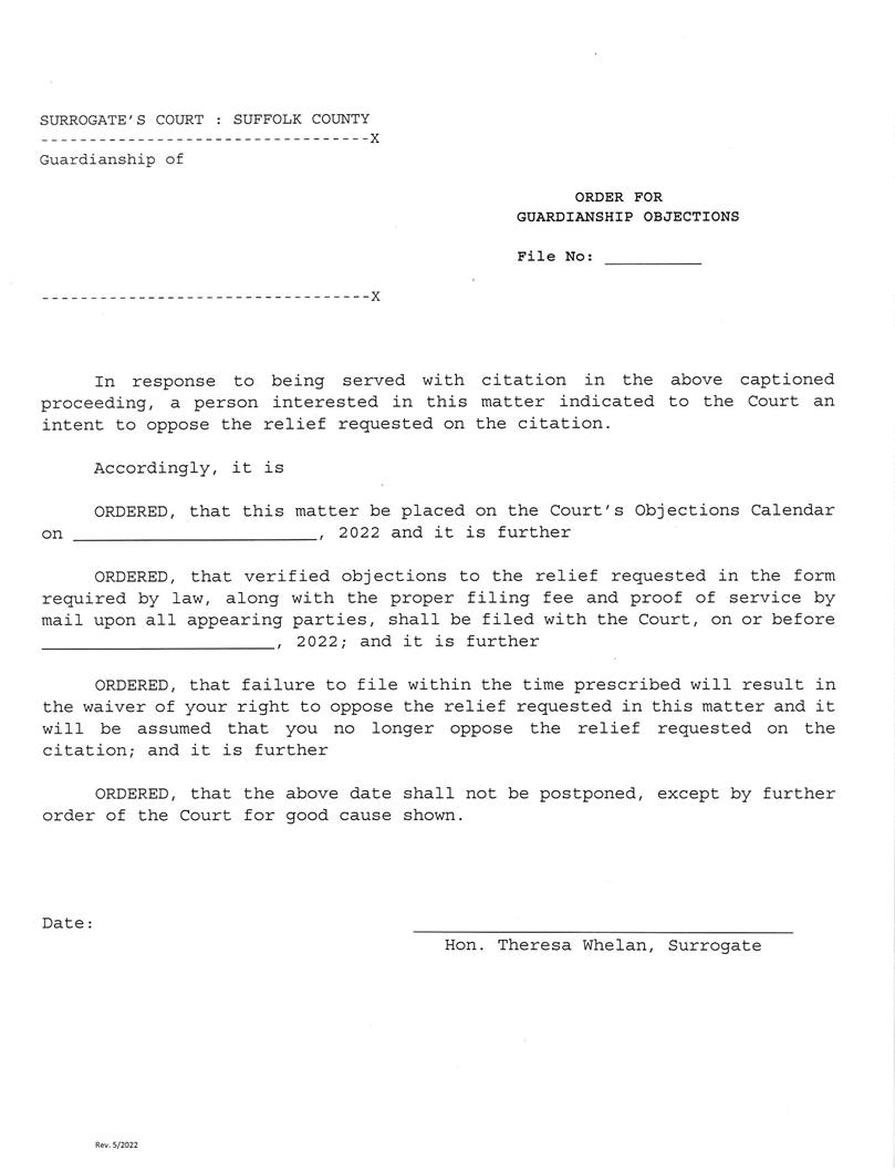 Order For Guardianship Objections (Suffolk) | Pdf Fpdf Docx | New York