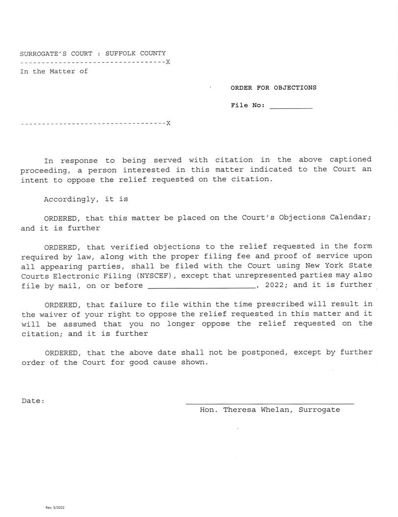Order For Objections (Suffolk) | Pdf Fpdf Docx | New York