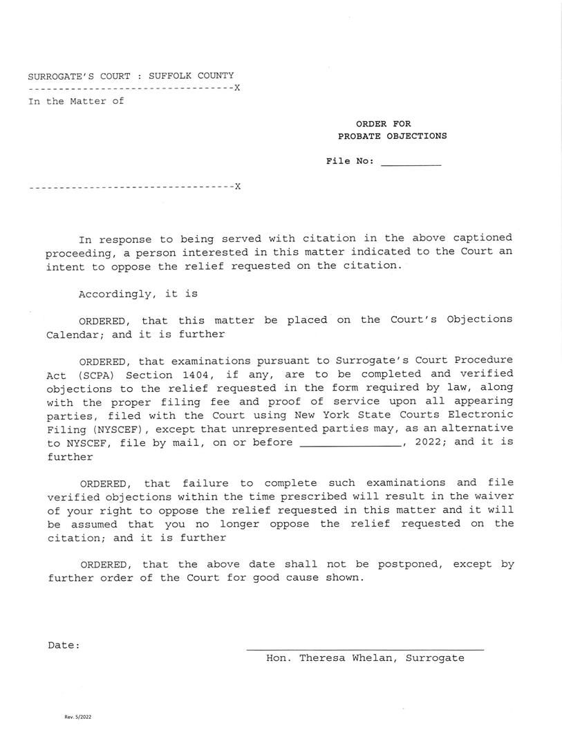 Order For Probate Objections (Suffolk) | Pdf Fpdf Docx | New York