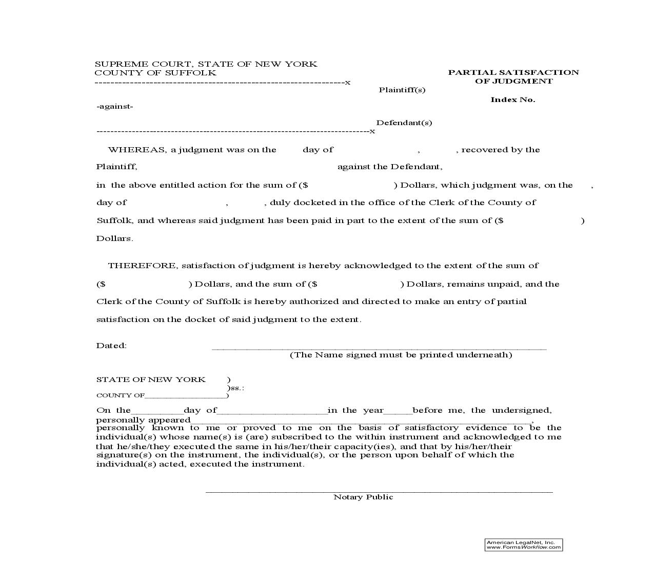Partial Satisfaction Of Judgment (Suffolk) | Pdf Fpdf Doc Docx | New York