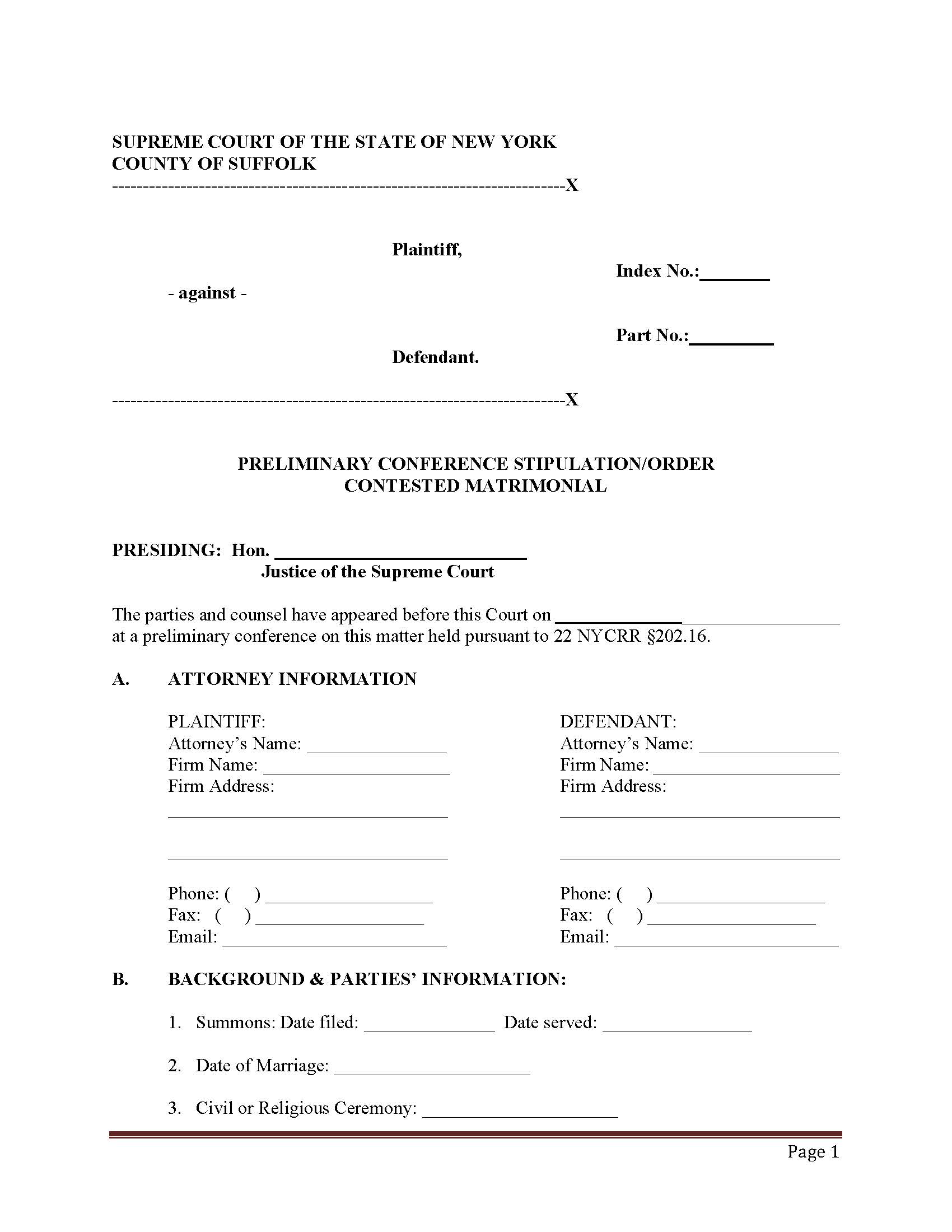 Preliminary Conference Stipulation-Order Contested Matrimonial | Pdf Fpdf Doc Docx | New York