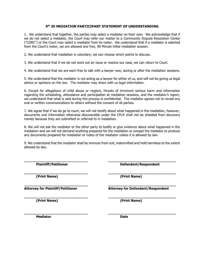 9th JD Mediation Participant Statement Of Understanding | Pdf Fpdf Docx | New York
