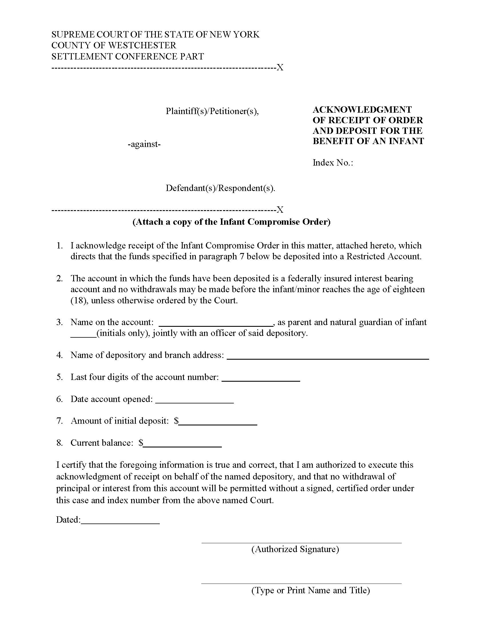 Acknowledgment Receipt Of Order And Deposit For The Benefit Of An Infant | Pdf Fpdf Docx | New York