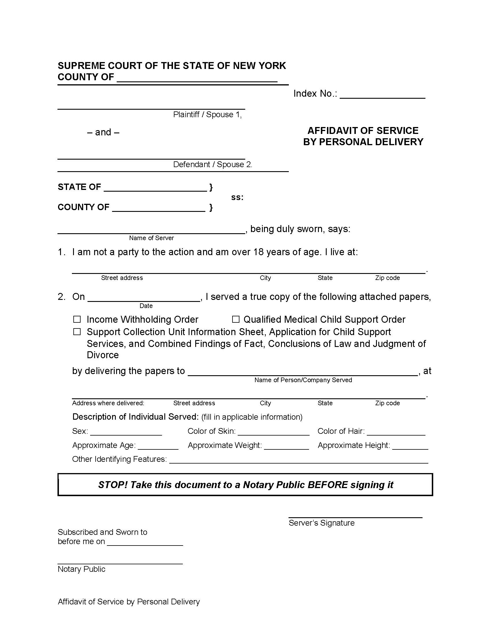 Affidavit Of Service By Personal Delivery | Pdf Fpdf Docx | New York