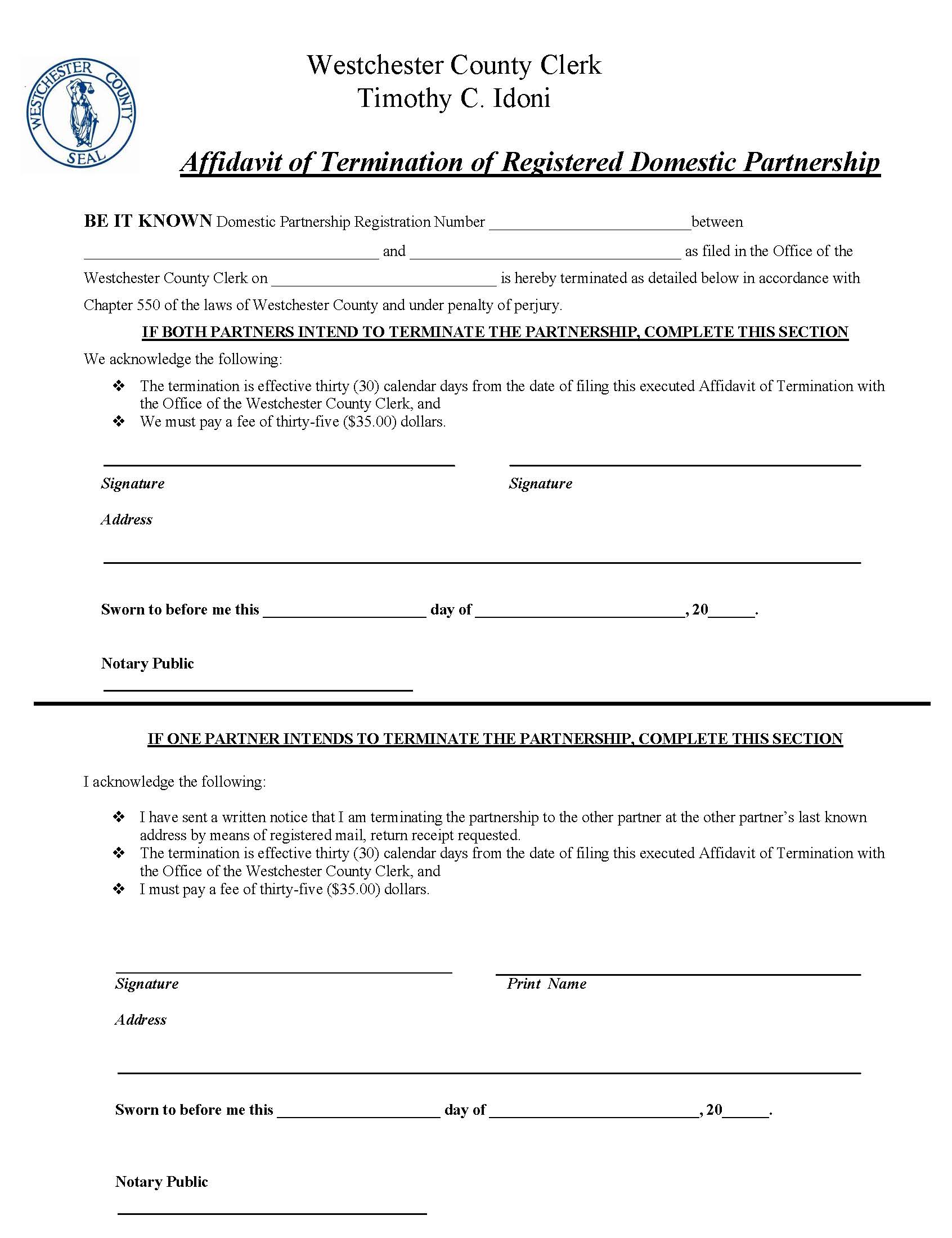 Affidavit Of Termination Of Registered Domestic Partnership | Pdf Fpdf Doc Docx | New York