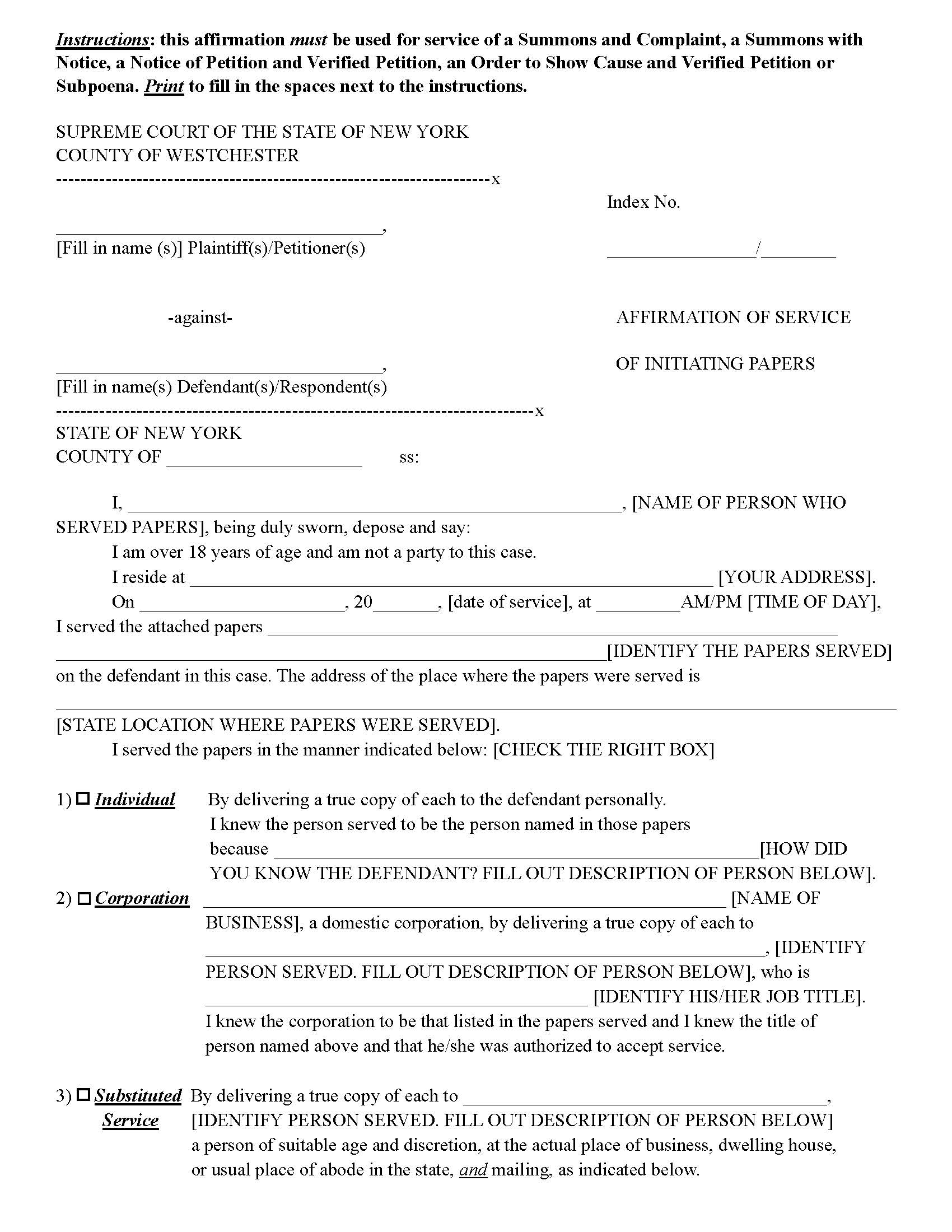 Affirmation Of Service Of Initiating Papers | Pdf Fpdf Docx | New York