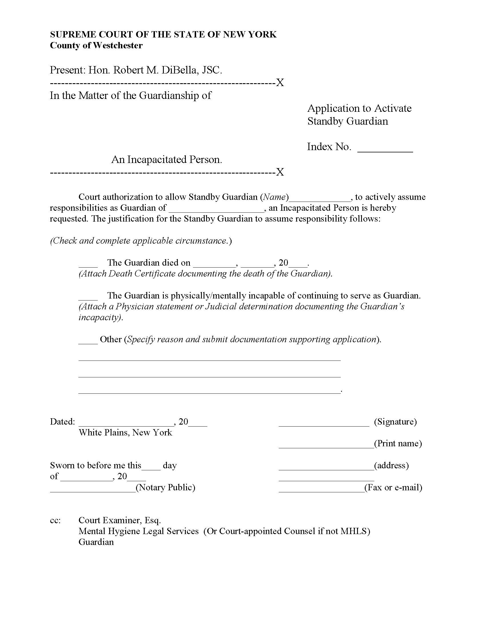 Application To Activate Standby Guardian (Judge DiBella) {WES-AASG} | Pdf Fpdf Docx | New York