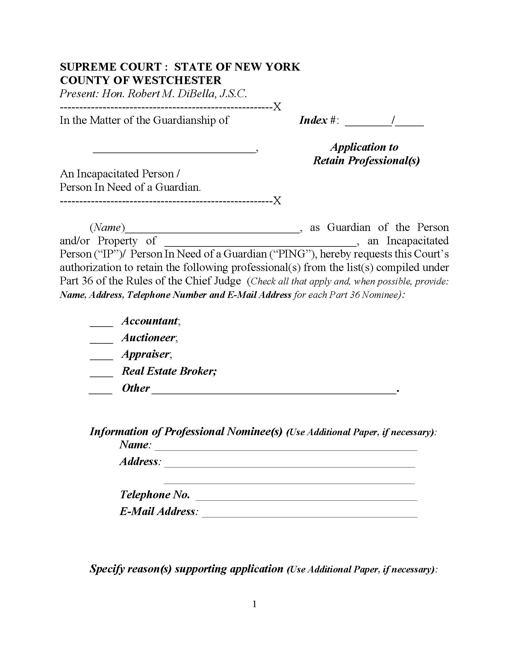 Application To Retain Professional(s) (Judge DiBella) {WES-ARP} | Pdf Fpdf Docx | New York
