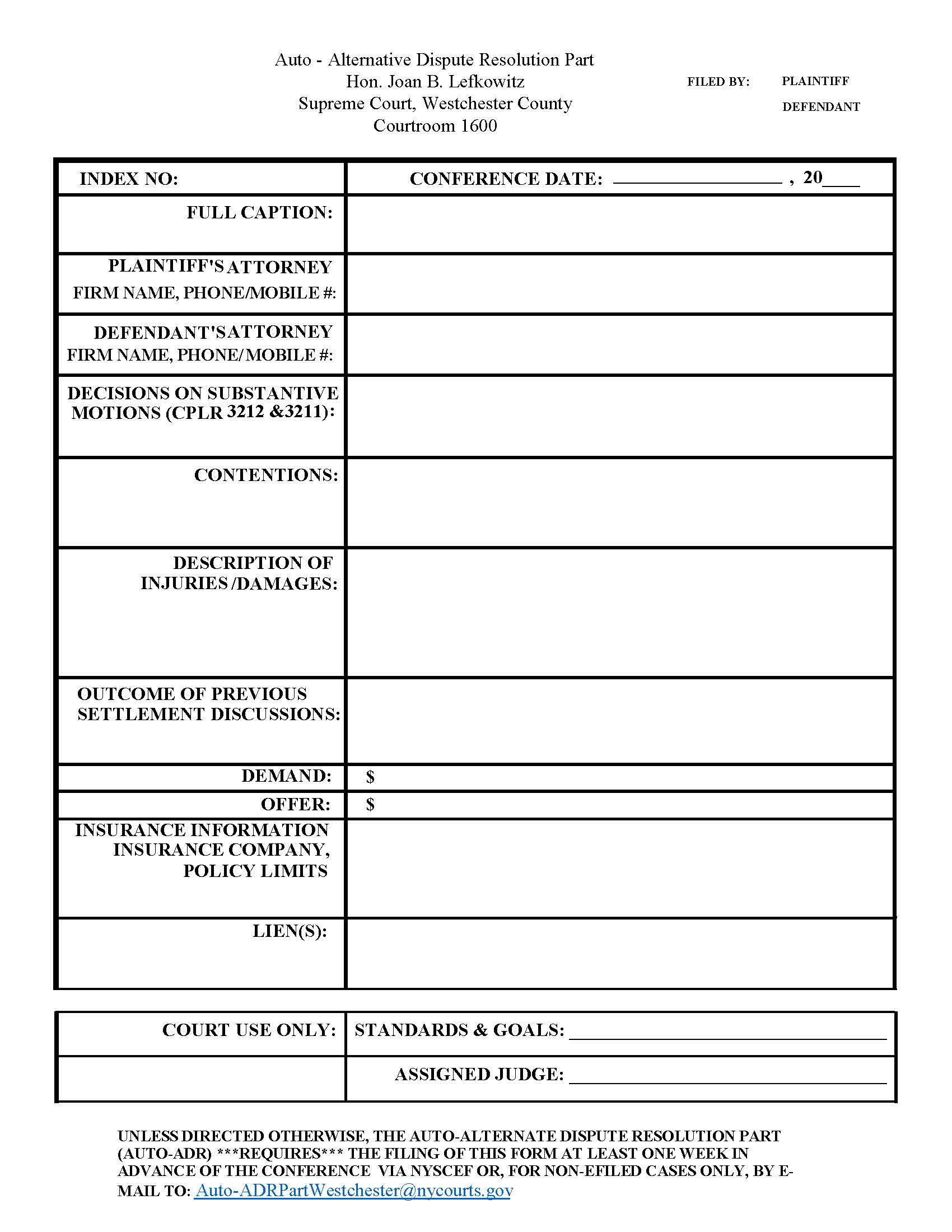 Auto - Alternative Dispute Resolution Part (Judge Lefkowitz) | Pdf Fpdf Docx | New York