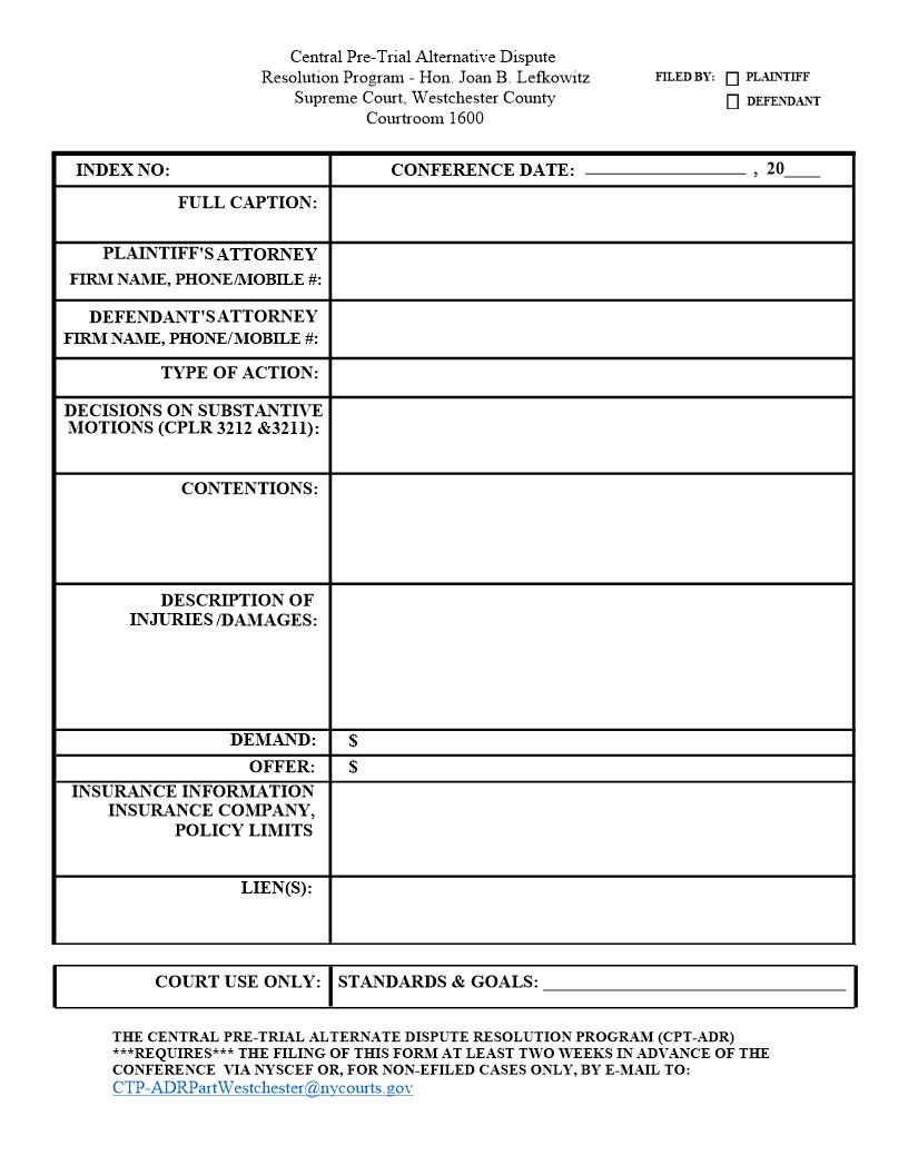 Central Pre-Trial Alternative Dispute Resolution Program Form (Judge Lefkowitz) {WES-CPADR_JBL} | Pdf Fpdf Docx | New York