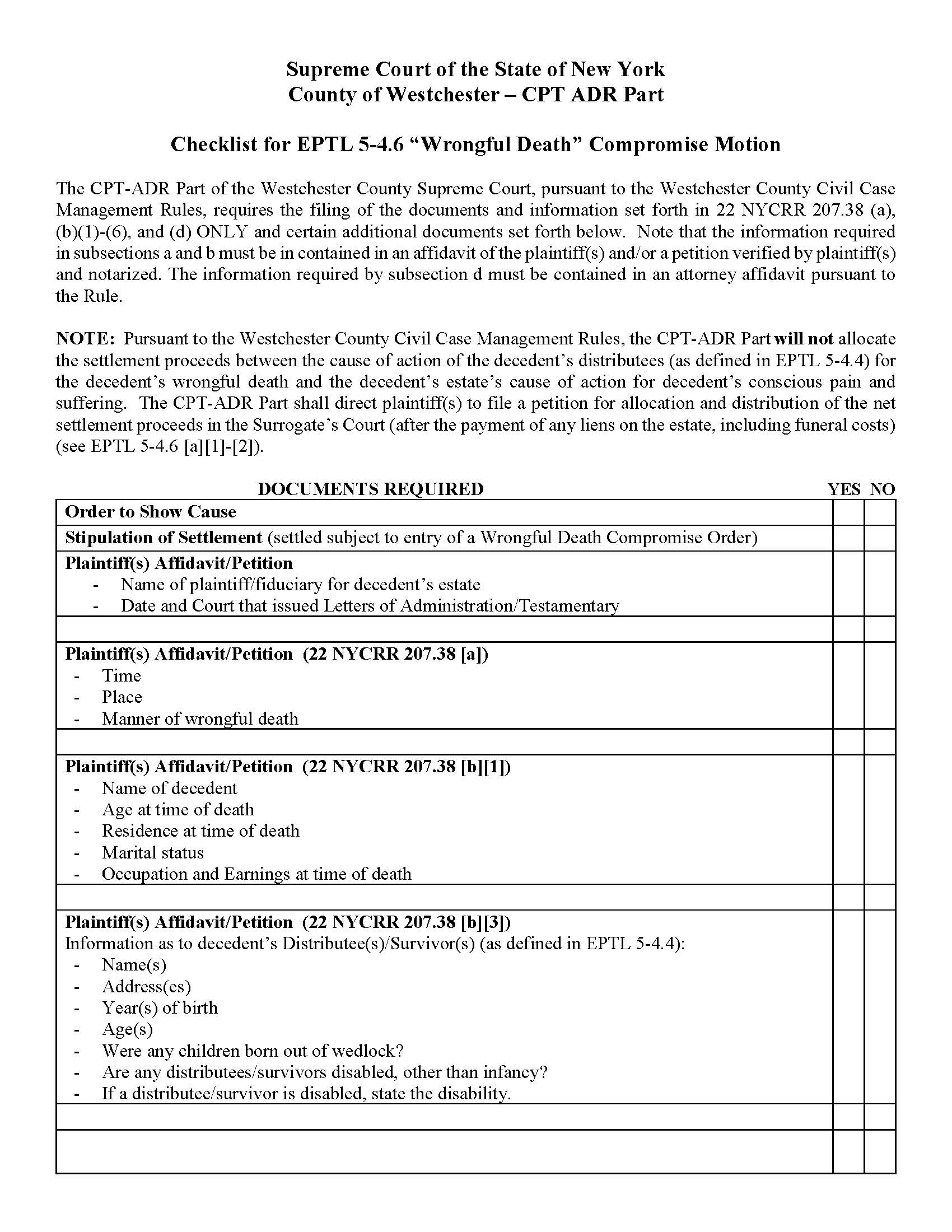 Checklist For Wrongful Death Compromise Motion {WES CWDM} | Pdf Fpdf Docx | New York