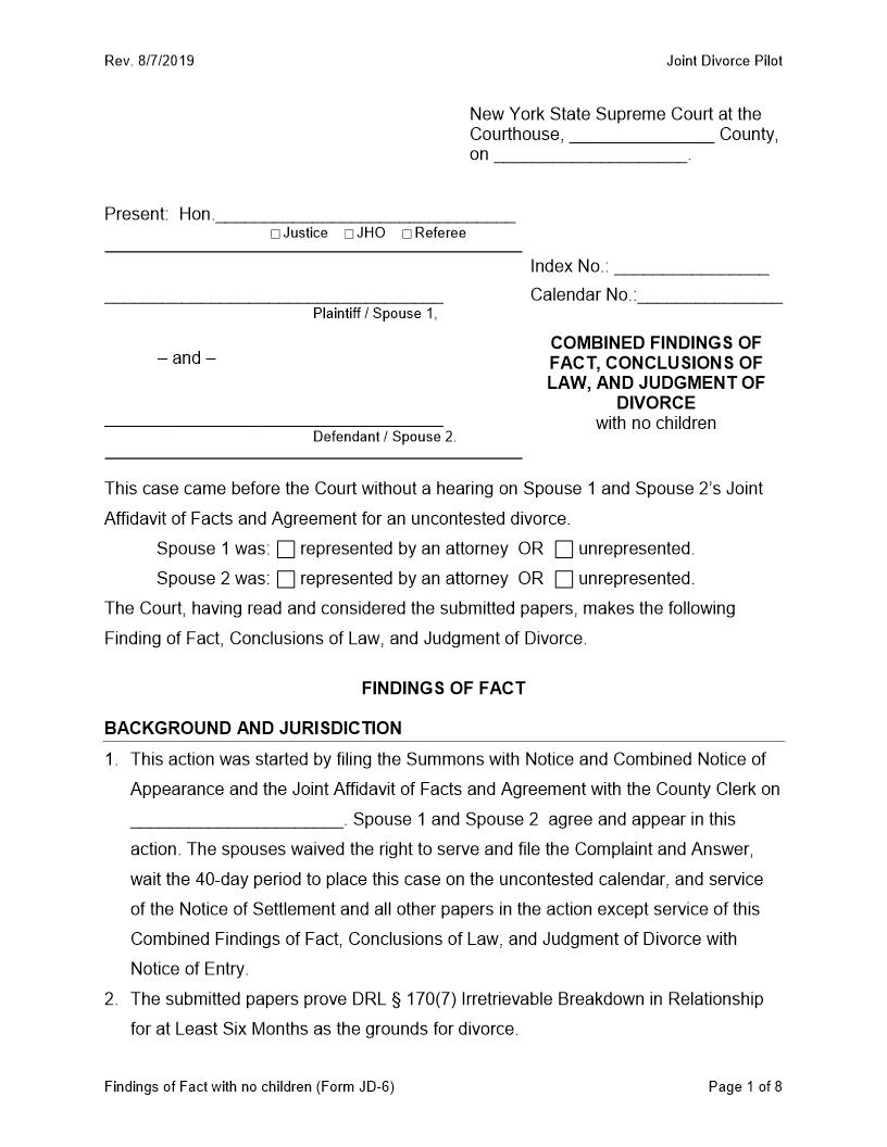 Combined Findings Of Fact Conclusions Of Law Judgment Divorce No Children {JD-6} | Pdf Fpdf Docx | New York