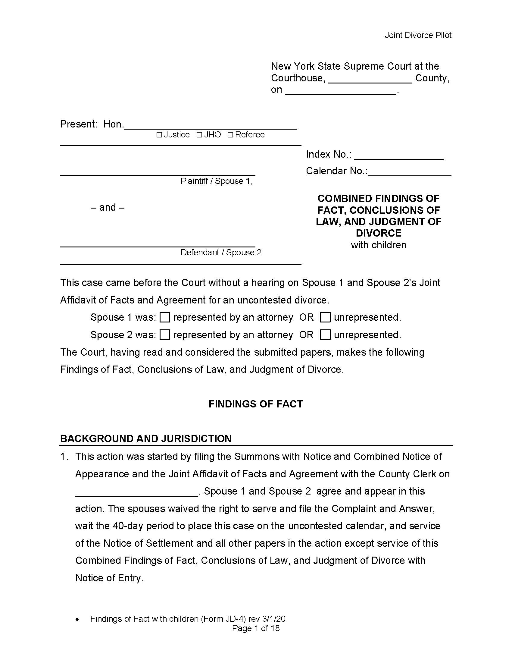 Combined Findings Of Fact Conclusions Of Law Judgment Divorce With Children {JD-4} | Pdf Fpdf Docx | New York
