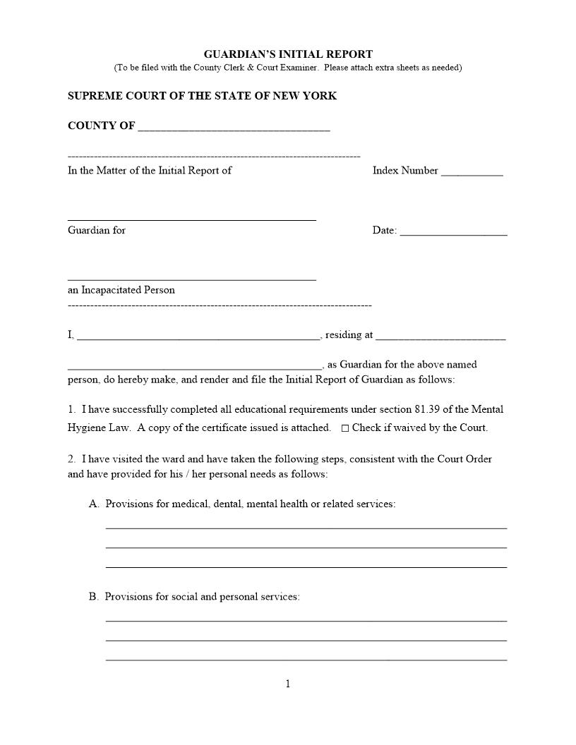 Guardians Initial Report (Incapacitated Person) {WES-GIR} | Pdf Fpdf Docx | New York
