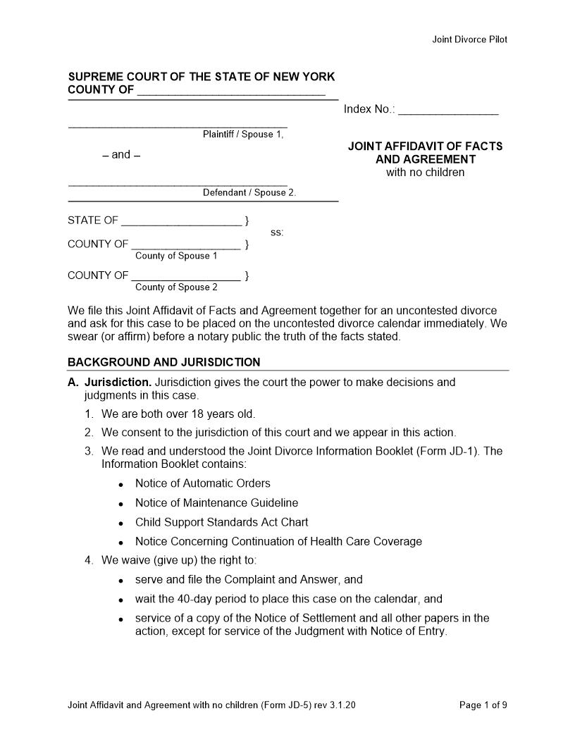 Joint Affidavit Of The Facts And Agreement (With No Children) {JD-5} | Pdf Fpdf Docx | New York