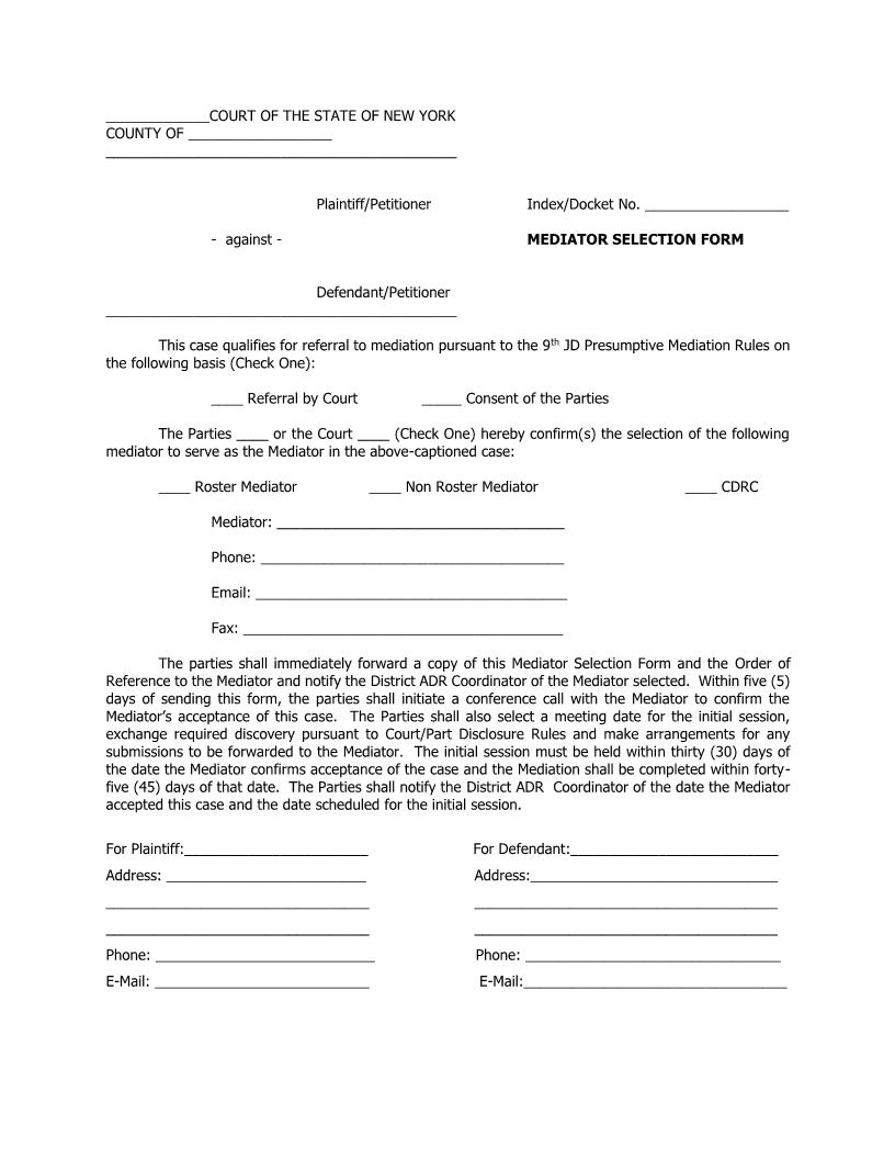 Mediator Selection Form | Pdf Fpdf Docx | New York