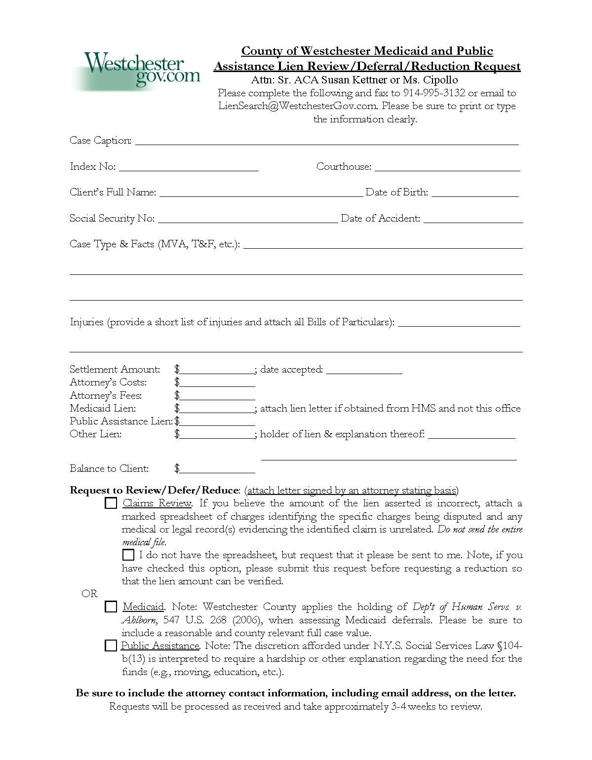 Medicaid And Public Assistance Lien Review-Deferral-Reduction Request | Pdf Fpdf Docx | New York