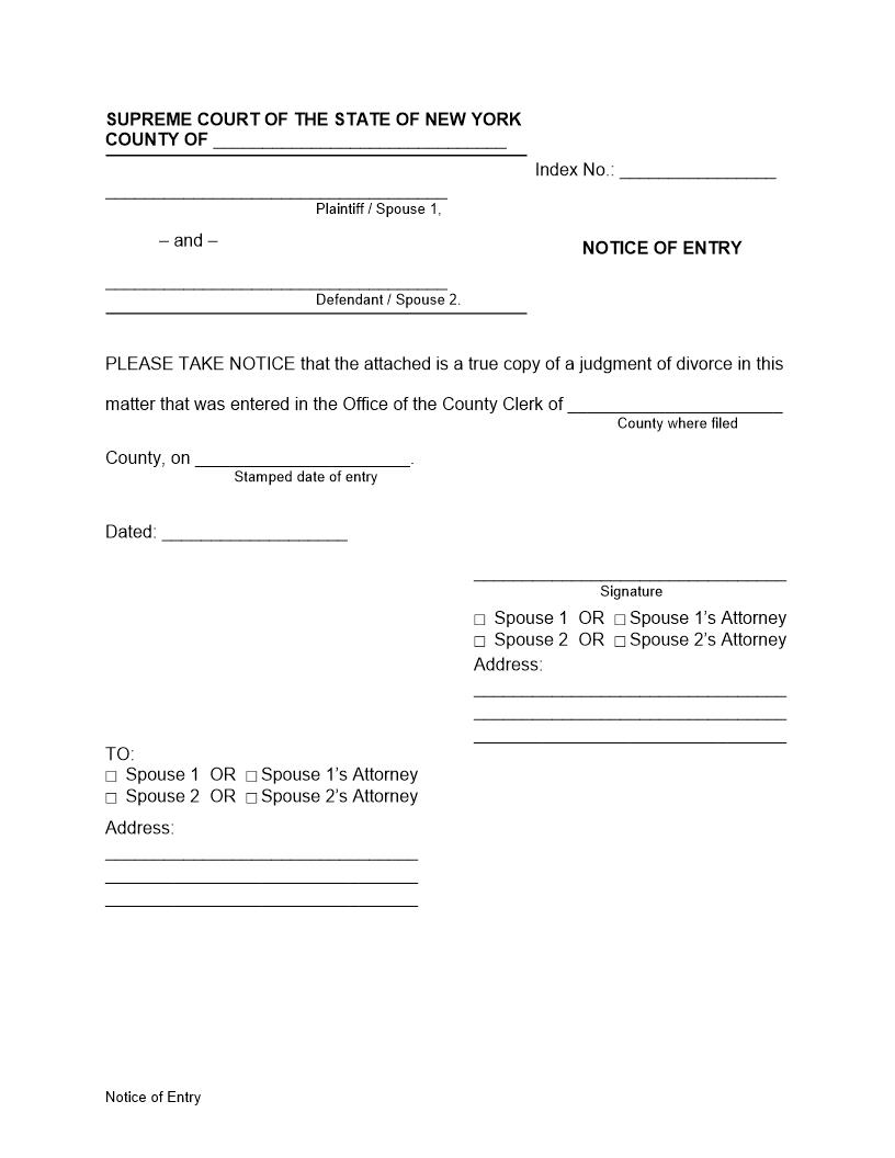 Notice Of Entry (Judgment Of Divorce) | Pdf Fpdf Docx | New York