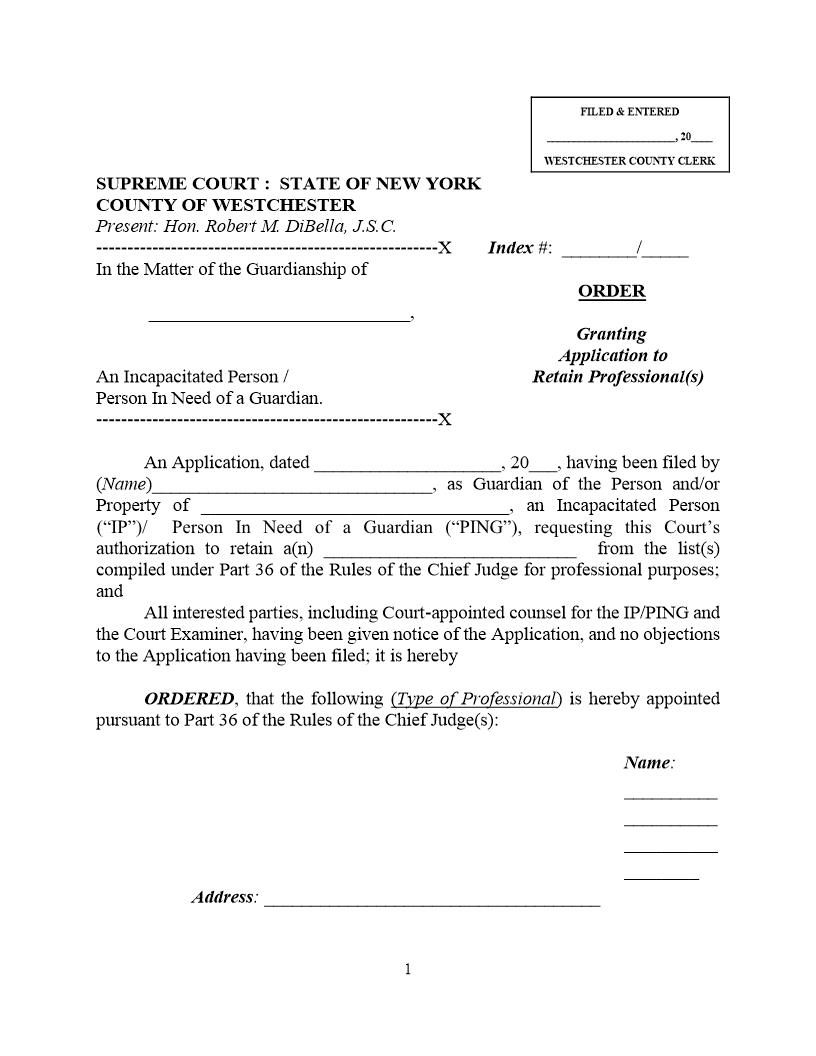 Order Granting Application To Retain Professional(s) (Judge DiBella) {WES-OGARP} | Pdf Fpdf Docx | New York