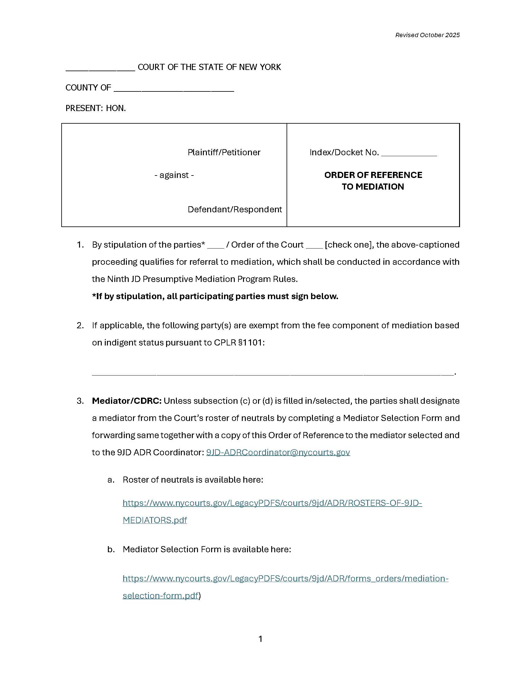 Order Of Reference To Mediation | Pdf Fpdf Docx | New York
