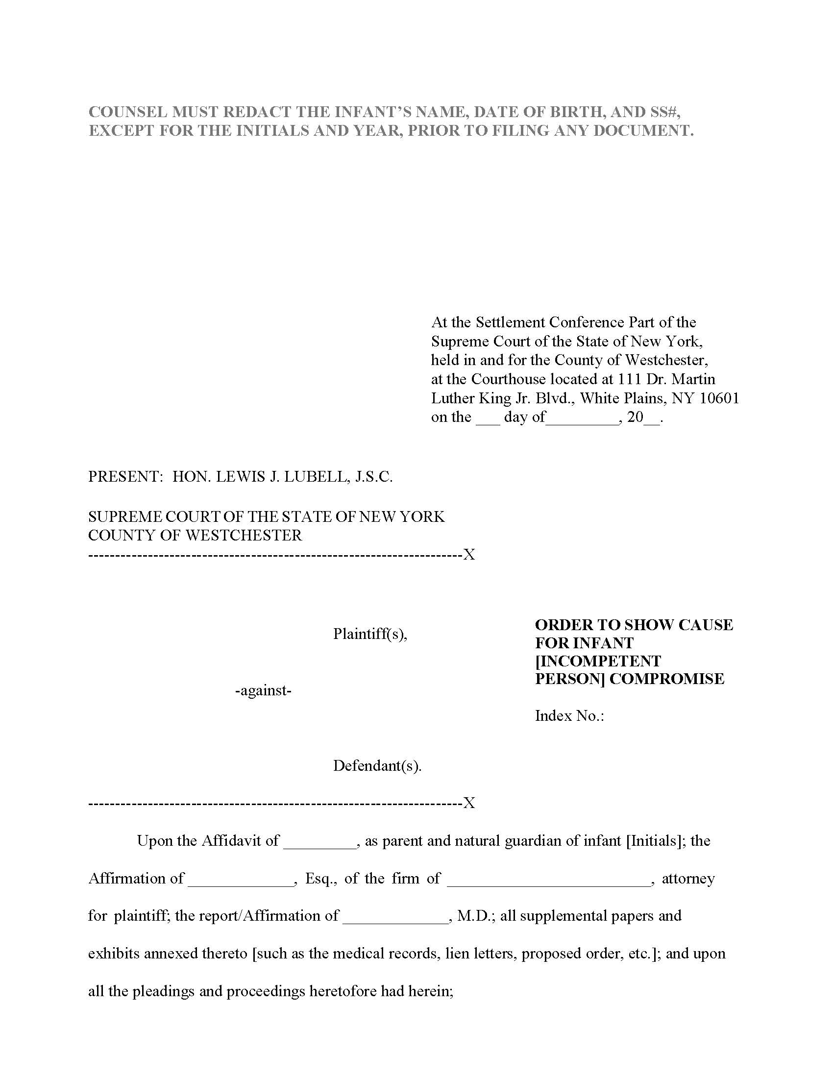 Order To Show Cause For Infant (Incompetent Person) Compromise | Pdf Fpdf Docx | New York