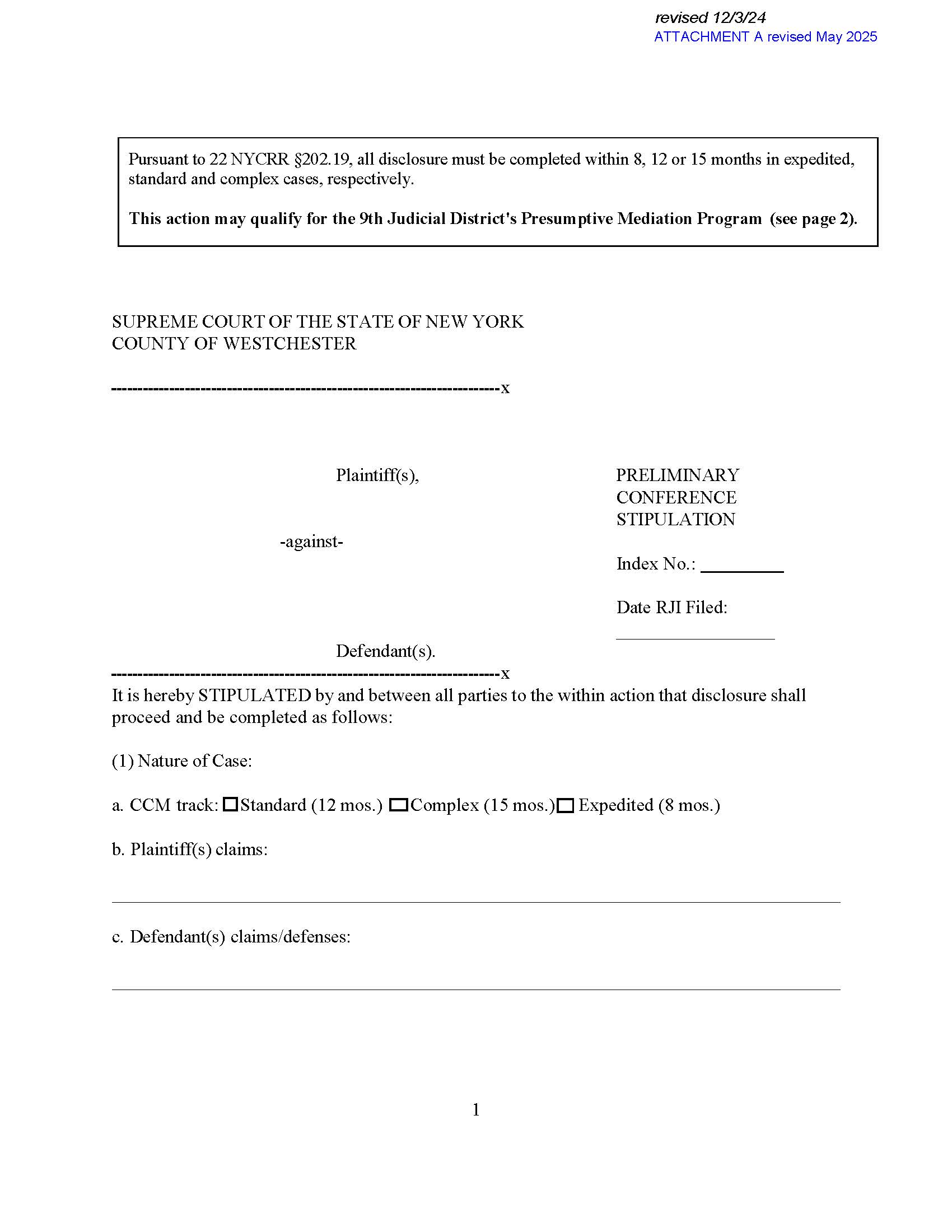 Preliminary Conference Stipulation {WES-PCS} | Pdf Fpdf Docx | New York