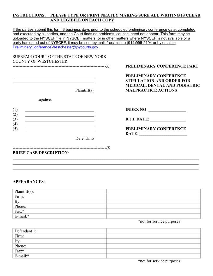 Preliminary Conference Stipulation Order Medical Dental Podiatric Malpractice Actions {WES-PCSO-MDPM} | Pdf Fpdf Docx | New York