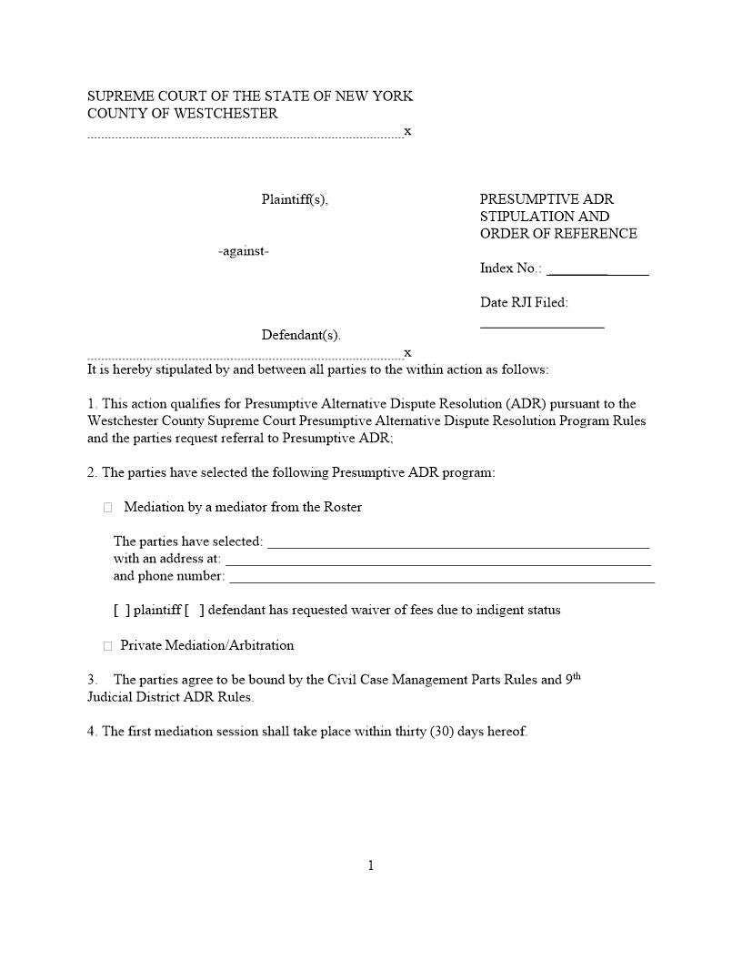 Presumptive ADR Stipulation And Order Of Reference | Pdf Fpdf Docx | New York