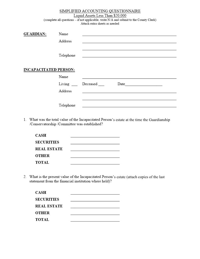 Simplified Accounting Questionnaire (Liquid Assests Less Than 20000 Incapacitated Person) {WES-SAQ} | Pdf Fpdf Docx | New York