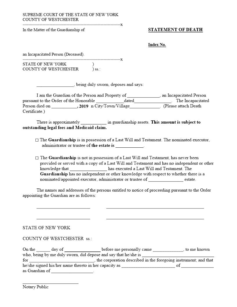 Statement Of Death {WES-SoD} | Pdf Fpdf Docx | New York