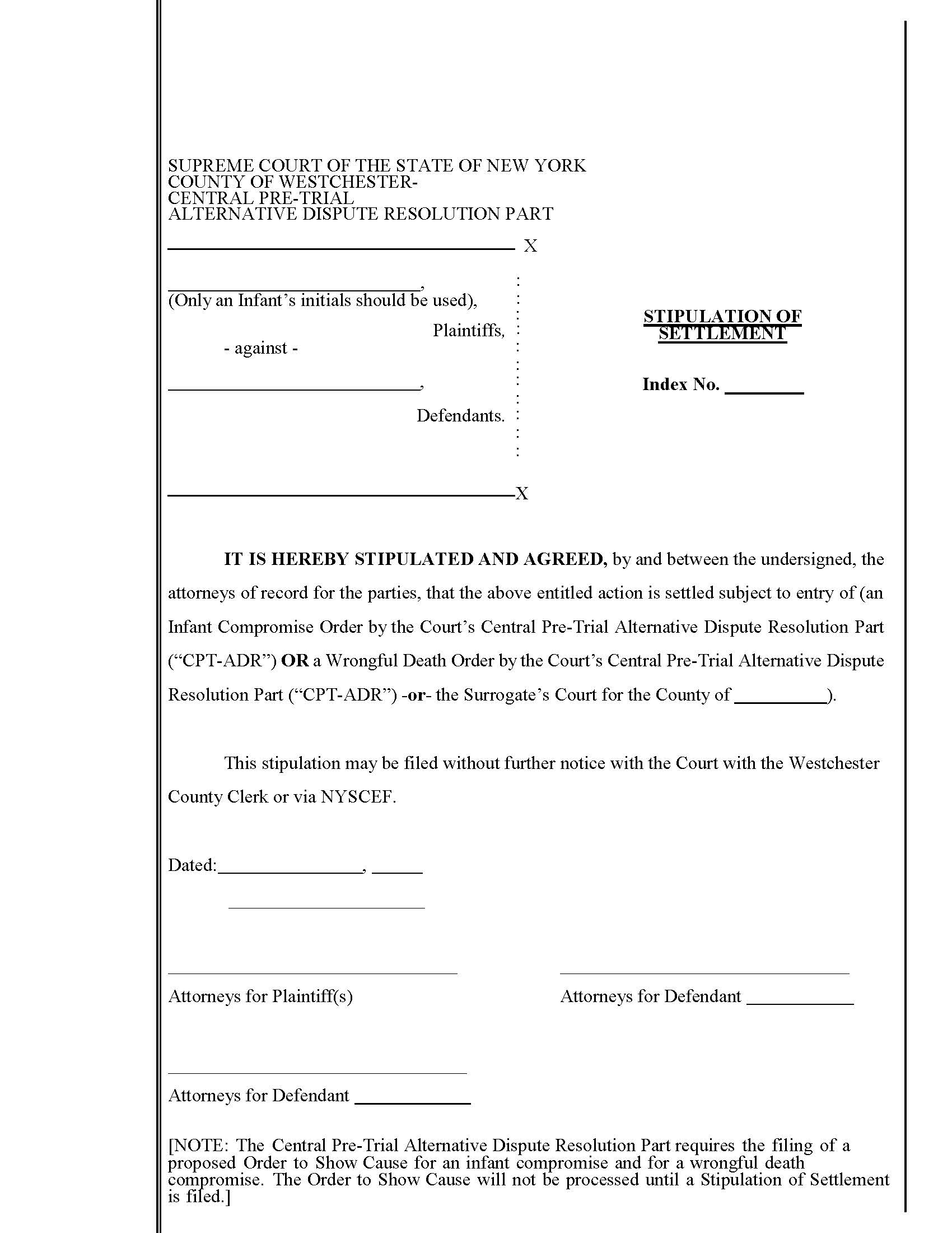 Stipulation Of Settlement (Infant Compromise Order) | Pdf Fpdf Docx | New York