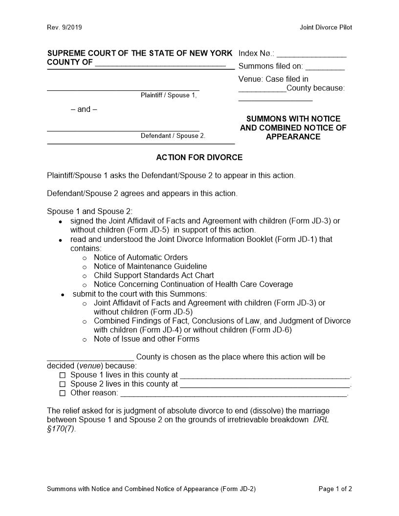 Summons With Notice And Combined Notice Af Appearance {JD-2} | Pdf Fpdf Docx | New York