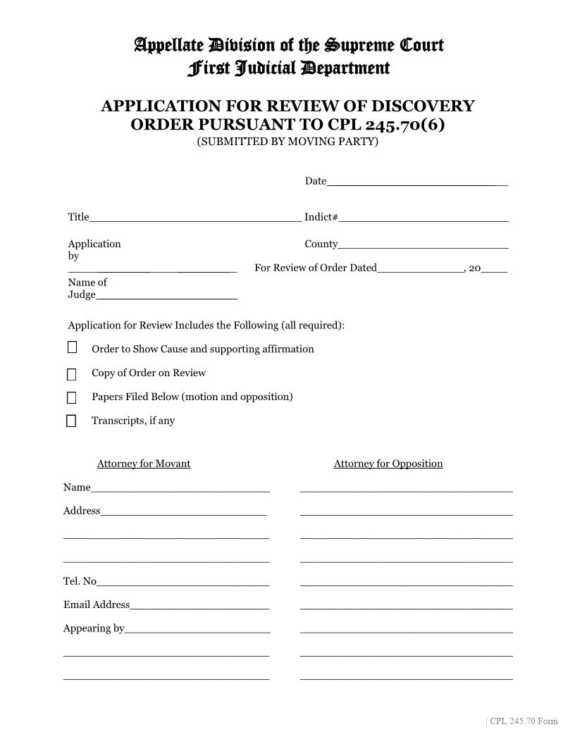 Application For Review Of Discovery Order Pursuant To CPL 245.70(6) | Pdf Fpdf Docx | New York