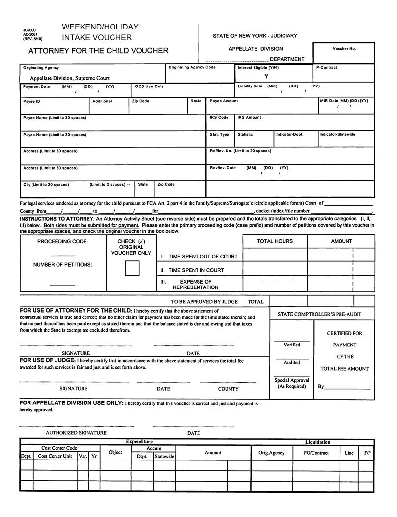 Weekend Holiday Intake Attorney For The Child Voucher {AC-5067} | Pdf Fpdf Docx | New York