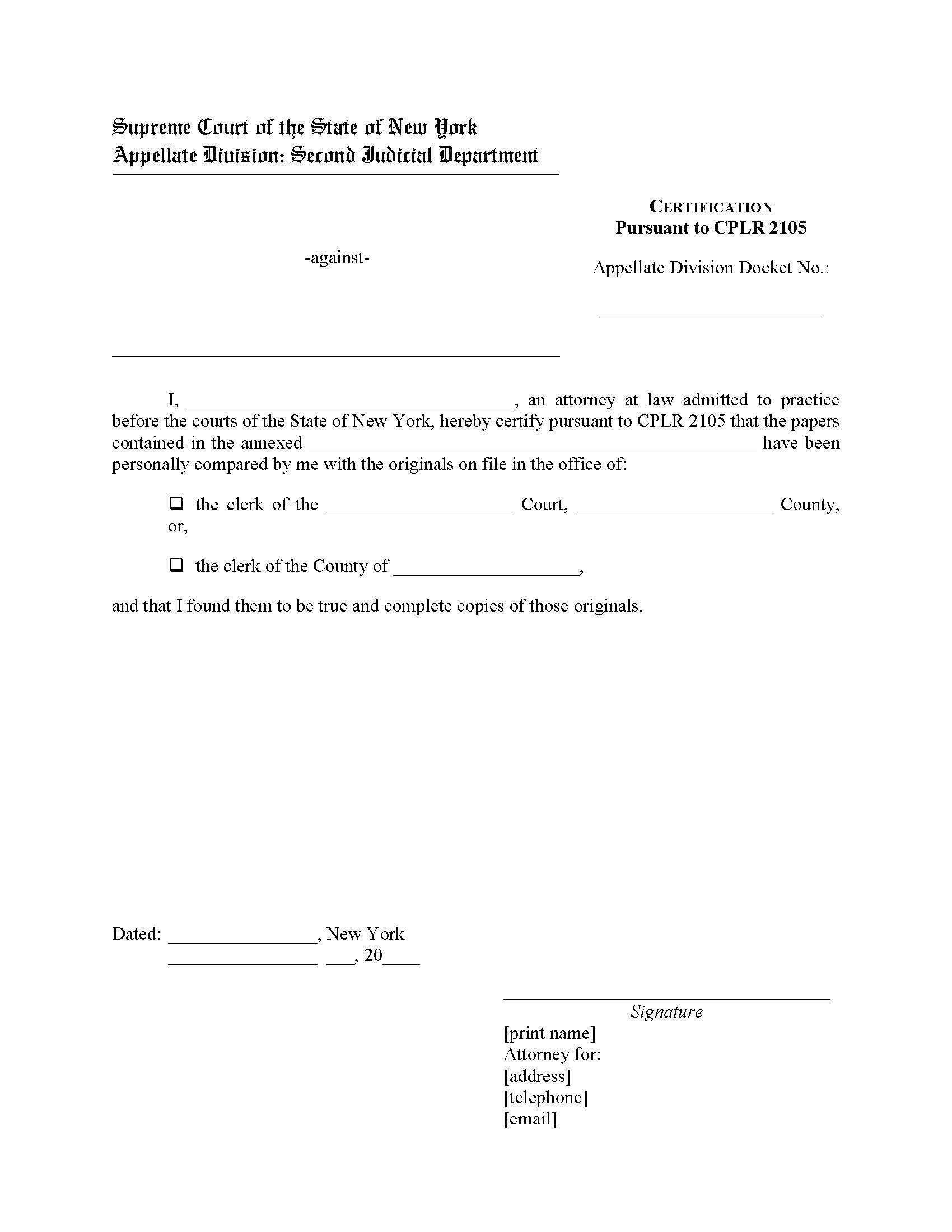 Certification Pursuant To CPLR 2105 | Pdf Fpdf Doc Docx | New York