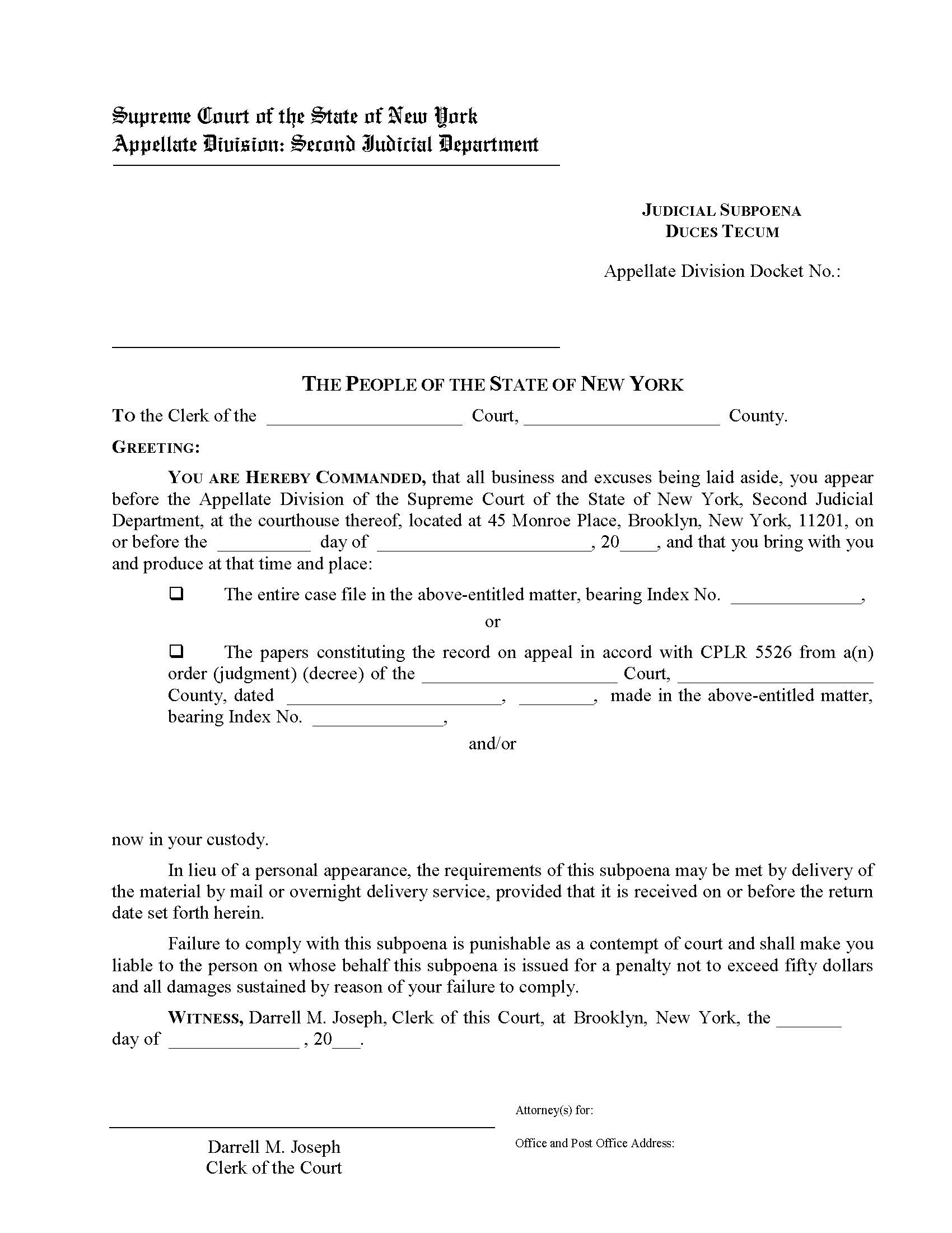 Judicial Subpoena Duces Tecum | Pdf Fpdf Doc Docx | New York