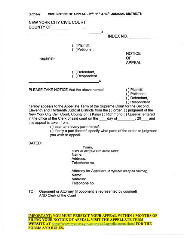 Notice Of Appeal 2nd 11th 13th Judicial Districts With RATA | Pdf Fpdf Docx | New York
