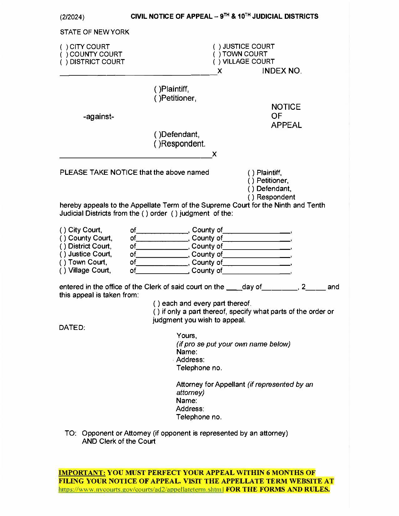 Notice Of Appeal 9JD 10JD Lower Courts To Appellate Term With RATA | Pdf Fpdf Docx | New York