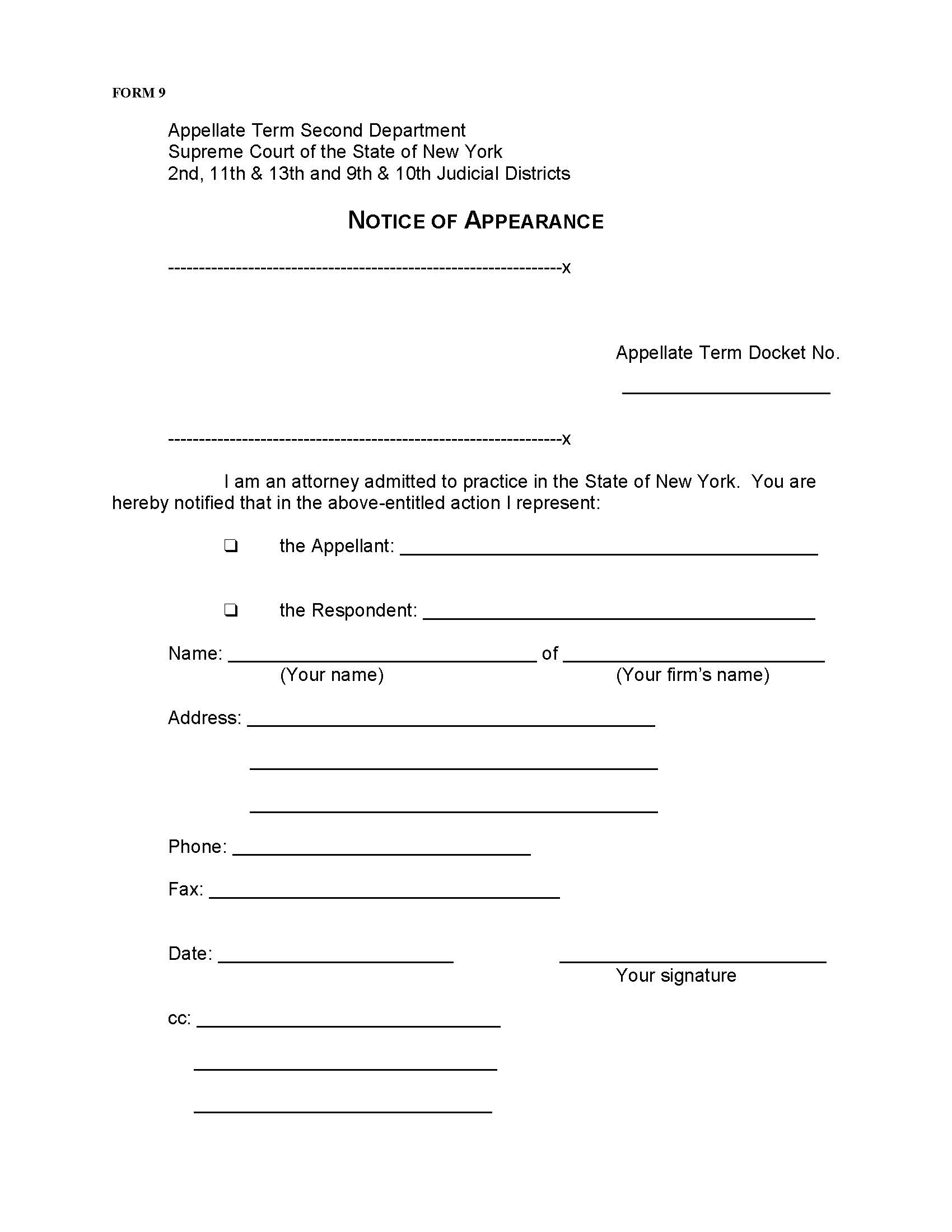 Notice Of Appearance (Appellate Term) {Form 9} | Pdf Fpdf Docx | New York