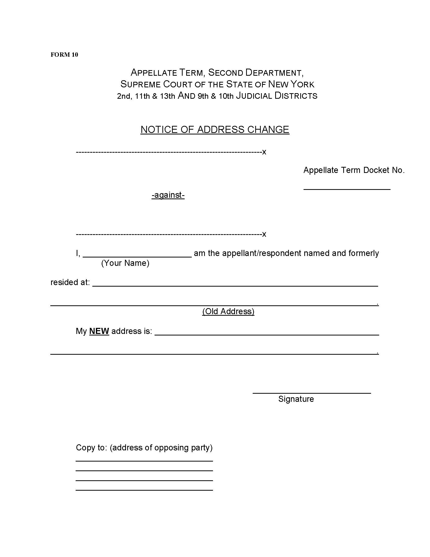Notice Of Change Of Address (Appellate Term) {Form 10} | Pdf Fpdf Docx | New York